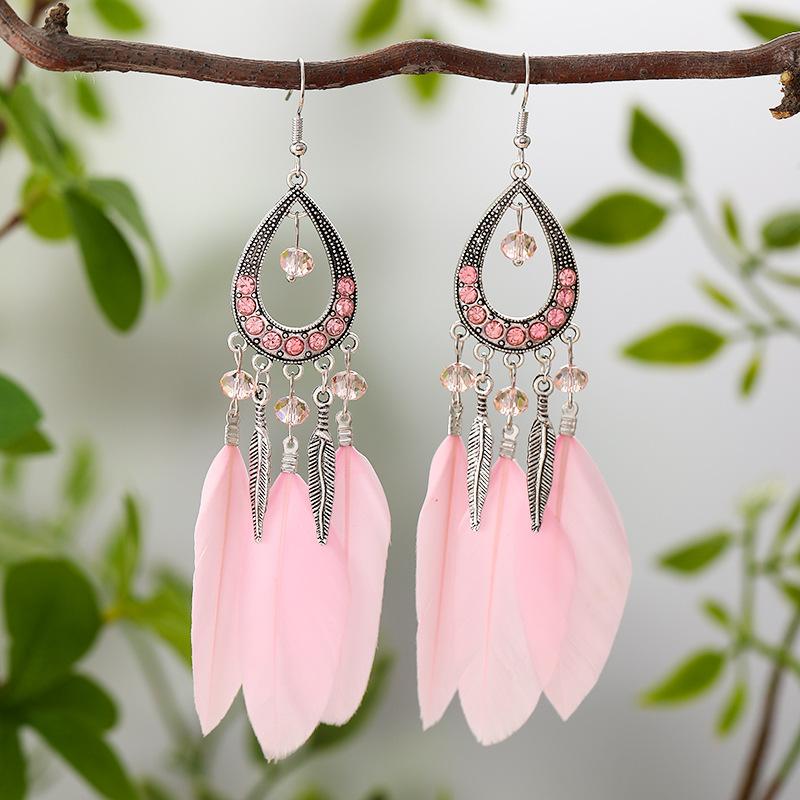 Bohemian Women Handmade Earrings For Female Colorful Long Feather Crystal Drop Tassel Dangle Earring Ladies Boho Jewelry Gift