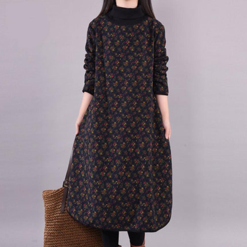 

Свободное женское платье с высоким воротником, цветочным принтом, из хлопка и льна 2XL темно-синий