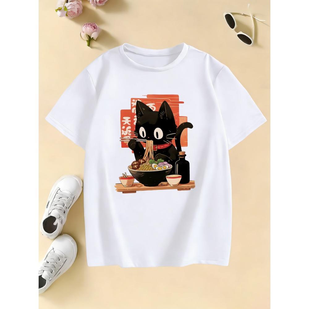 

Fashion Men s T-Shirt Cat Eat Ramen Print Men s and Women s Summer Short Sleeve Round Neck Casual Top Outdoor Men s Clothing XXS