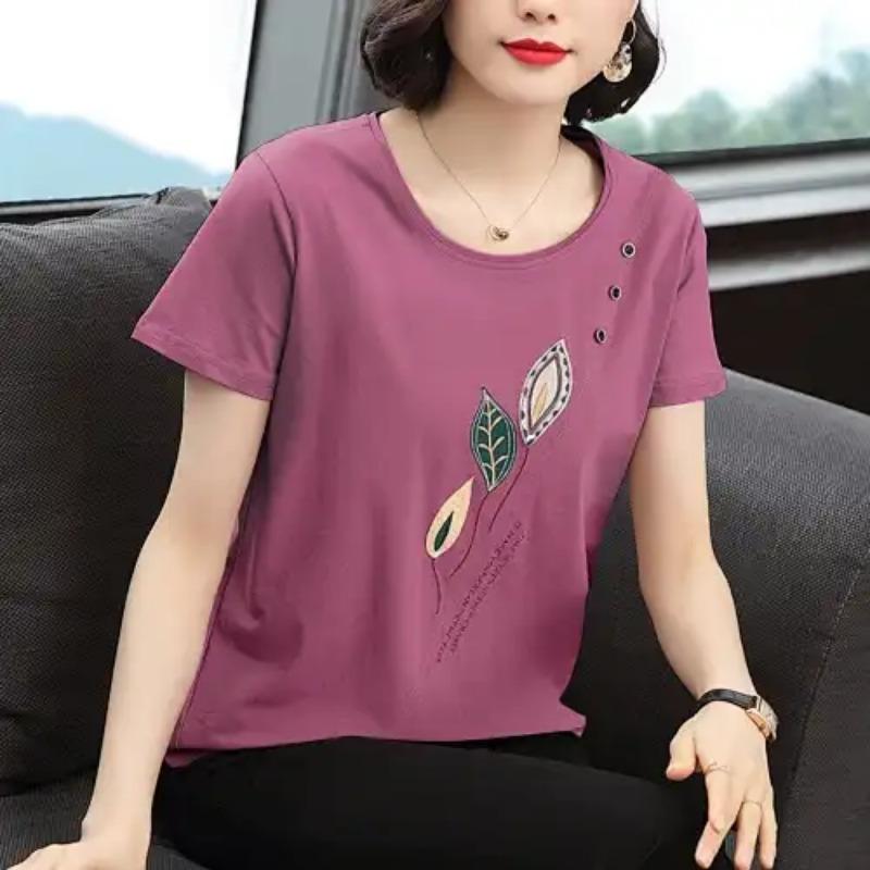 Women's Casual Short Sleeve T-Shirt Leaf Print Crew Neck Soft Cotton Top for Middle-Aged