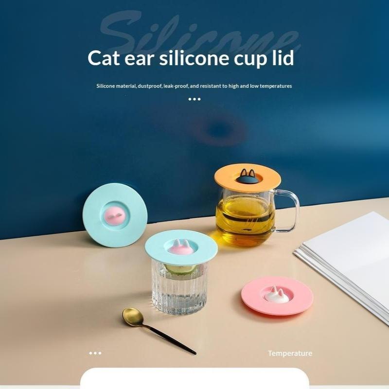 Cute Cat Ear Silicone Cup Lid Food Grade Dustproof Reusable Round Mug Cover for Outdoor Travel Camping Coffee Drink Cups