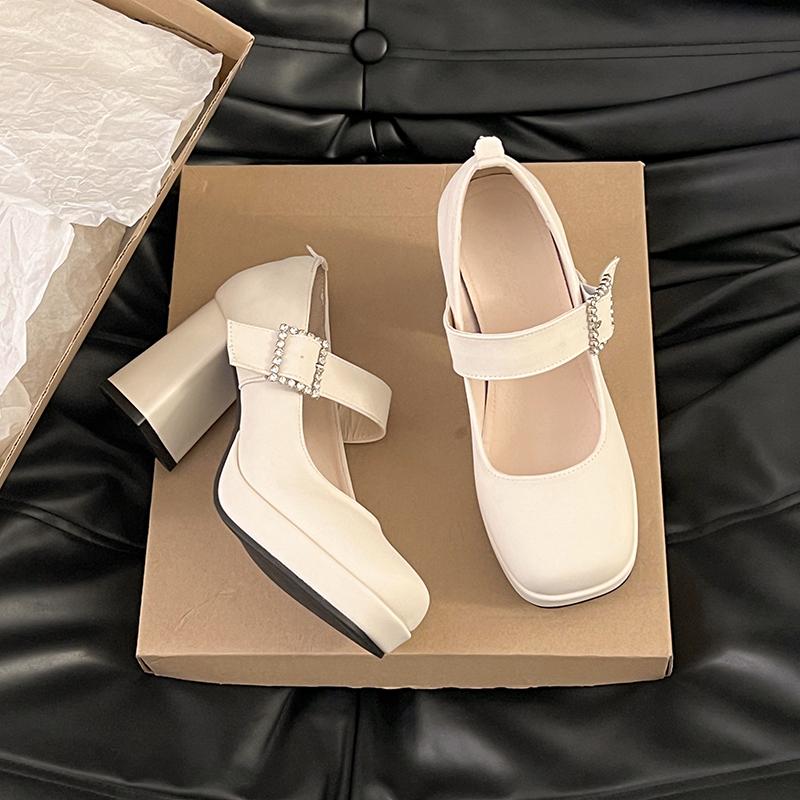 

Platform High Heel Women Mary Jane Shoes Elegant Square Toe Crystal Buckle College Style Pumps Autumn Ladies Shoes 35 бежевый