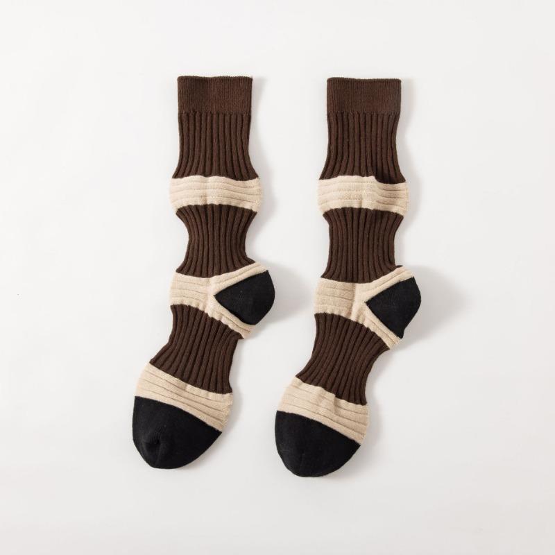 Lantern Socks, Women's Color-blocking Mid-calf Socks, Slightly Pressed Striped Women's Socks, Cotton Long Calf Socks