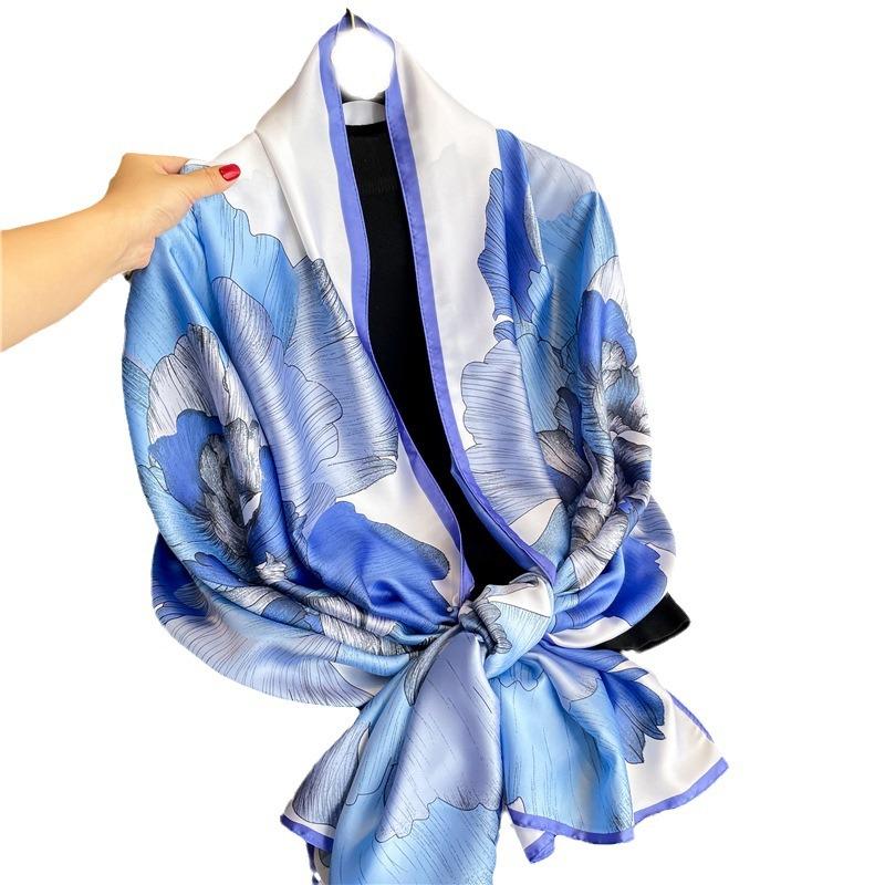 Blue Imitation Silk Scarf, New Silk Scarf, Women's Shawl, Vacation Beach Scarf, Silk Scarf, Commuter, Thin, Beautiful Brocade.