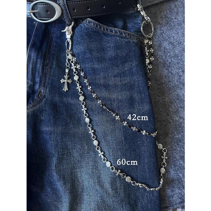 Multi-element trouser chain, bag hanging chain, sword round bead cross waist chain, lobster buckle pendant jeans chain