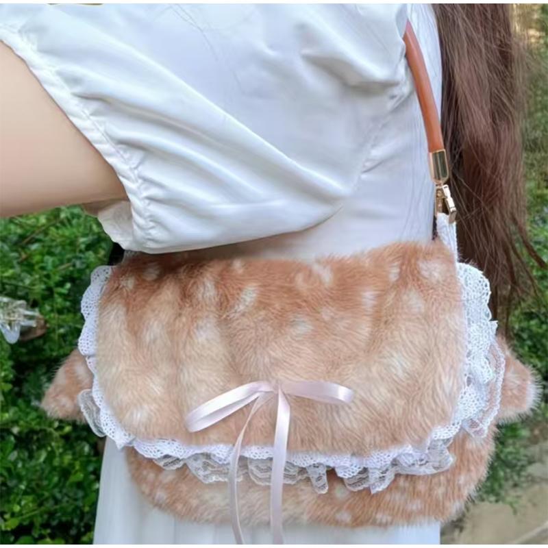 Japanese Lolita Shoulder Bag Cute Plush Deer Print Handbag Lace Bow Y2k Underarm Bag Magnetic Clasp Wallet Crossbody Phe Bag