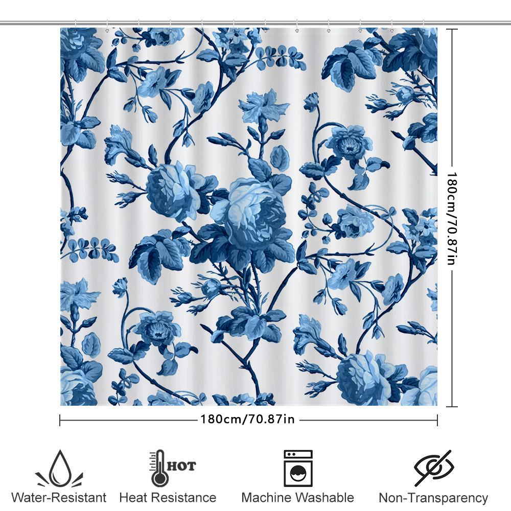 Blue Floral Shower Curtain Waterproof Bathroom Decor Large Size Luxury Bath Mat White Tub Liner Printed Modern Flower Design (La