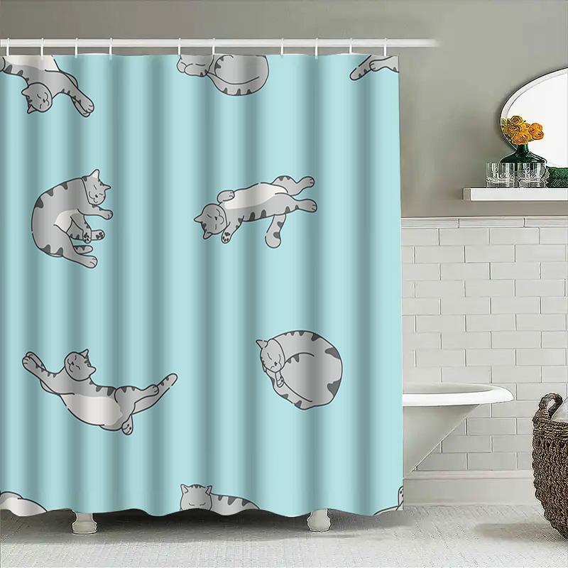 Home Decor Shower Curtain With Blue Cat Pattern Bathroom Linen Set For Kids' Room Decoration Waterproof Fabric Hook Rings Includ