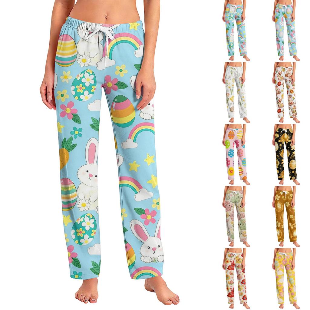 Pantaloni casual da donna alla moda, larghi, casual, con stampa di cartoni animati di Pasqua