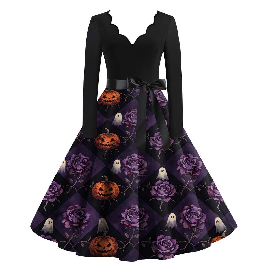 Women's Halloween Printed Long Maxi Dress for Costume Party