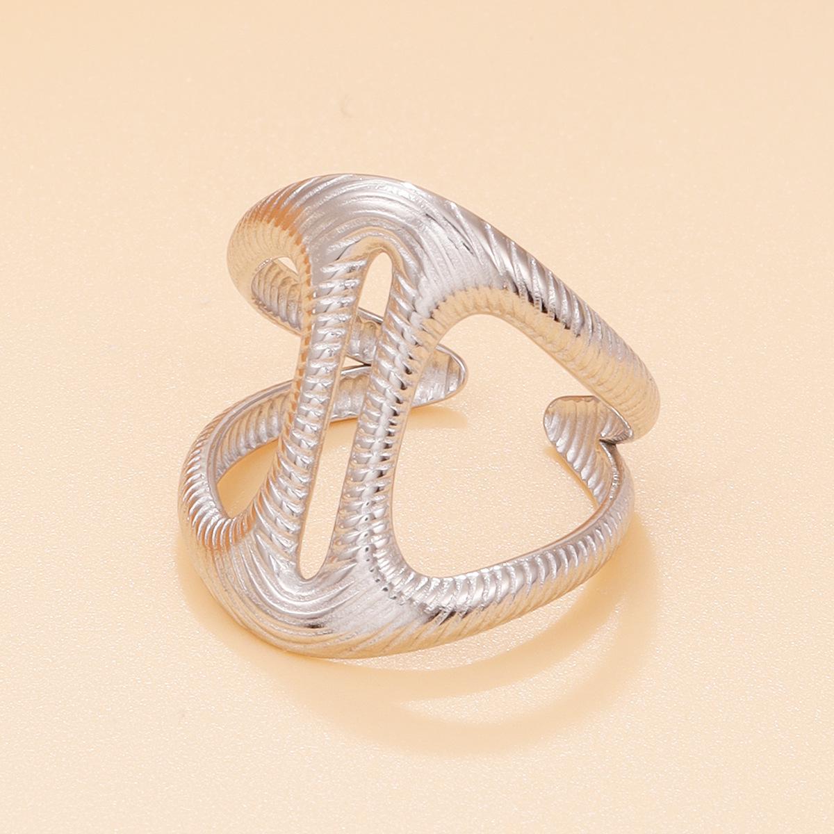 18K Gold Plated Wide Hollow Geometric Texture Stainless Steel Ring for Women