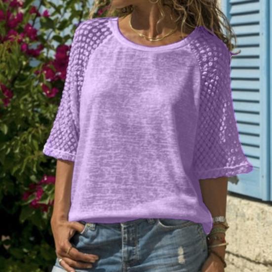 Damen Oberteile Leicht Atmungsaktiv Netzärmel Patchwork-Design Lockere Passform Rundhalsausschnitt 46085 Ärmel