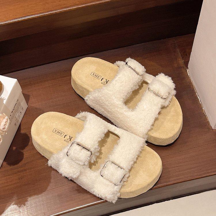 Fashion Women's Outdoor Plush Shoes Autumn New Buckle Strap Non Slip Casual Flats Comfortable Height Increase Fashion One Word Slippers