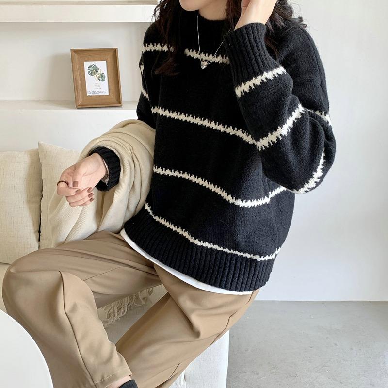 Korean Style Crew Neck Pullover Stripes Women's Sweater Autumn Winter Fashion New Casual Loose Long Sleeved Knitted Tops Office Lady Elegant Clothing