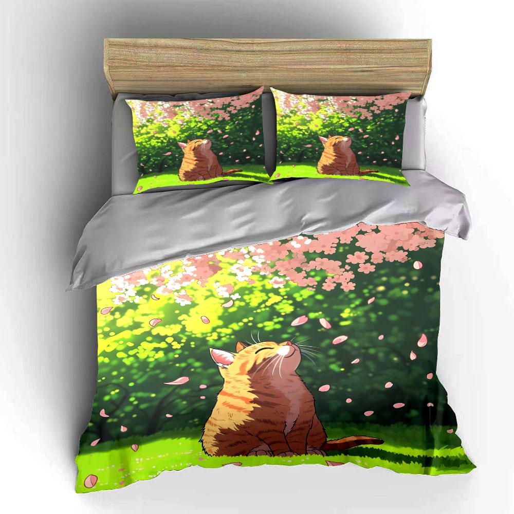 Spring Bliss: Cat, Flowers, Nature Scene Exquisite Three-Piece Bedding Set Gift For Kids And Adults