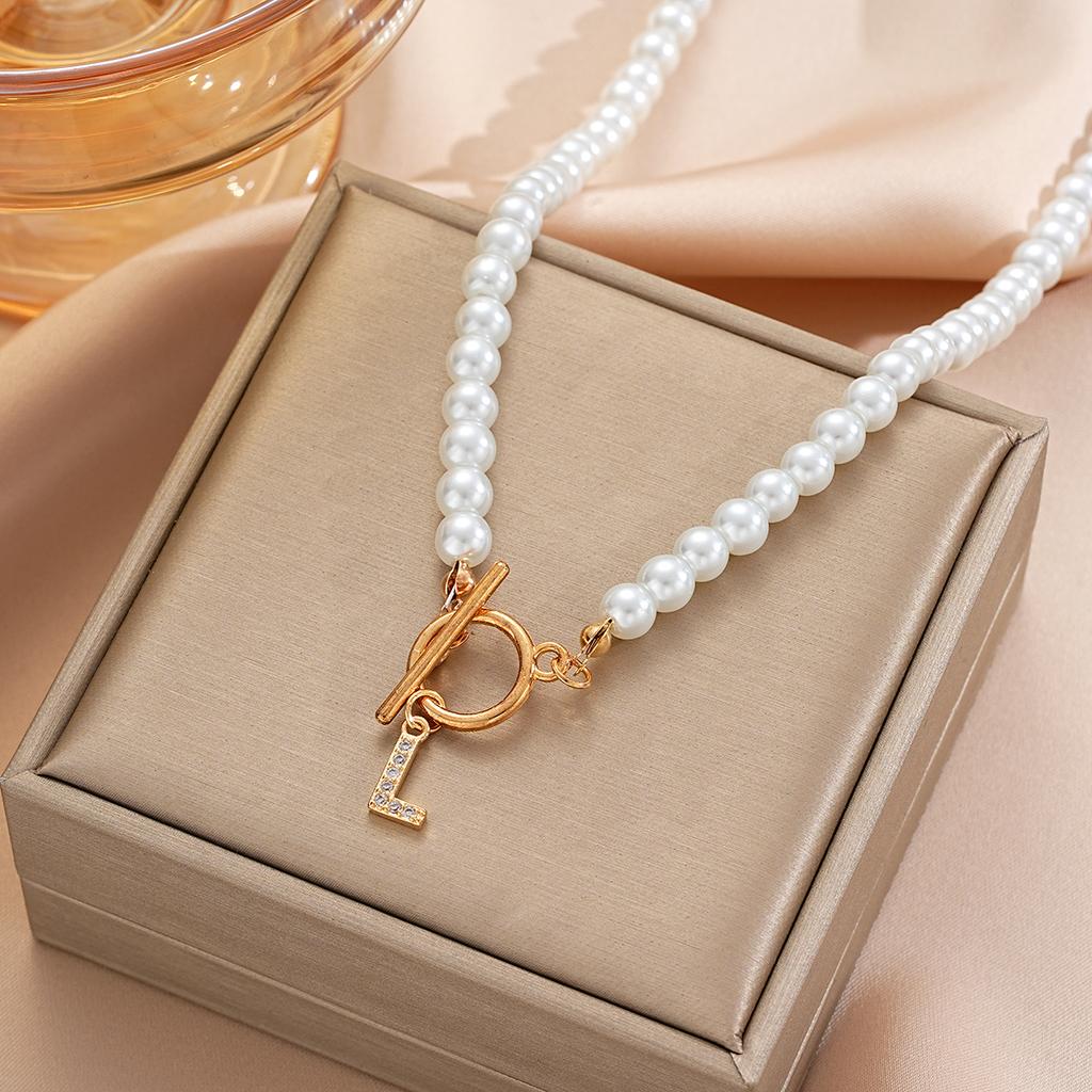 2026 A-Z Pendant Pearl Chain Neckalces for Women Vintage Gold Color Zircon Letter Initial Necklace Trendy Custom Jewelry Gifts