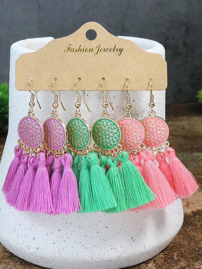 Bohemian Round Colored Glaze Alloy Earring Set Retro Ethnic Style Long Tassel Earrings Women's Girls' Personalized Zircon