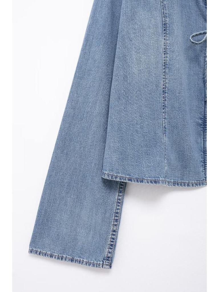 Podzimní evropská a americká dámská pouliční móda džínová košile s mašlí