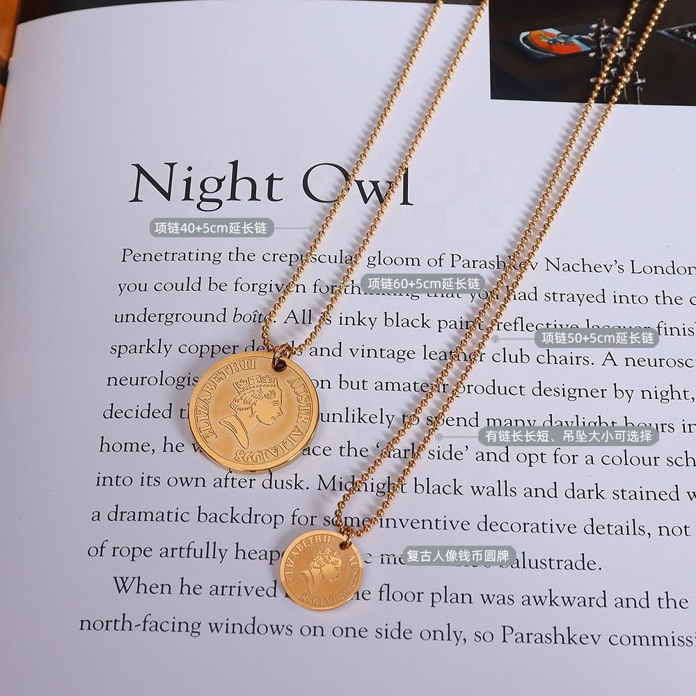 2026 Waterproof Fashion Stainless Steel Pvd Plated 18k Real Gold Coin Round Brand Pendant Necklace Jewelry