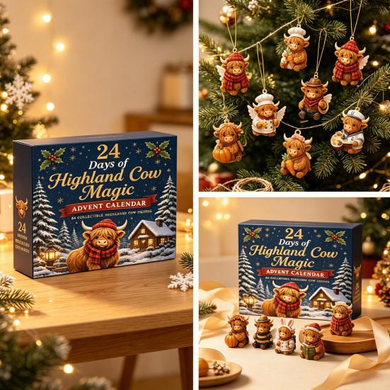 Holiday Hanging Decorations Highland Cow Advent Calendar, 24 Unique Acrylic Ornaments, Decorative Christmas Countdown Blind Box 2D Flat