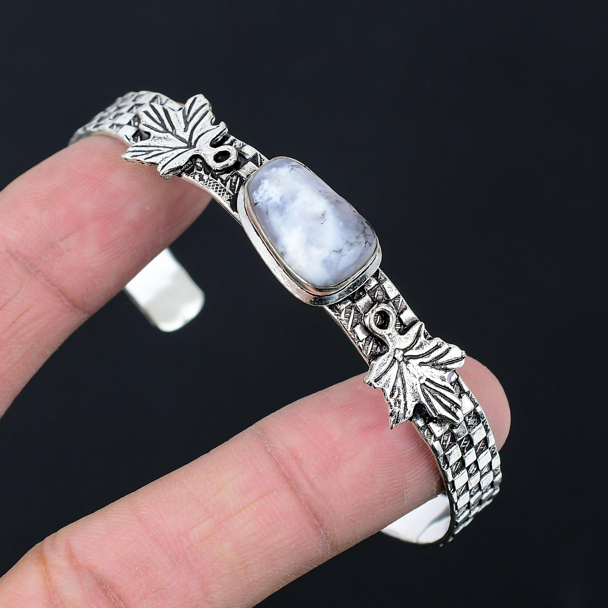 

Friendship Day Deal Radiant Dendrite Opal Stone Leaf Bangle Jewelry 925 Silver Adjustable