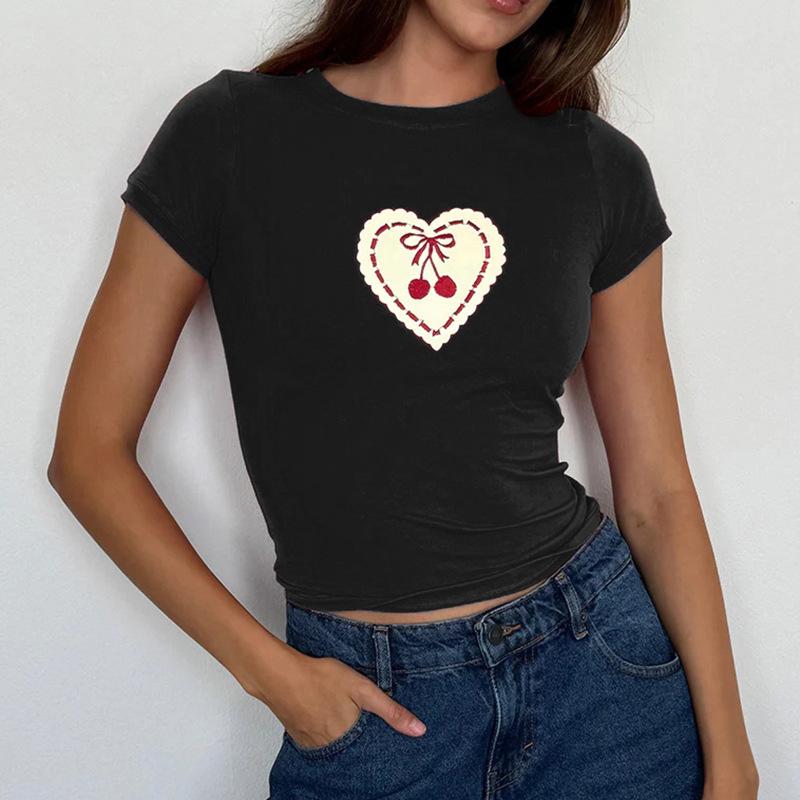 T-shirt imprimé Cherry Love pour femmes Spice Girls, pull à col rond, bas slim, hauts courts, printemps été