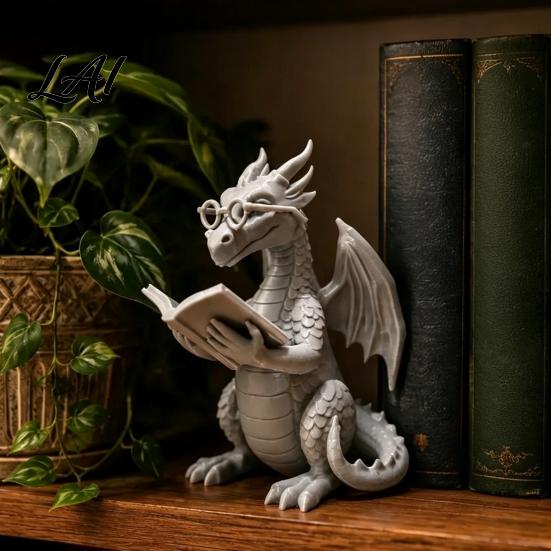 Whimsical Desk Accessory Reading Dragon Figurine with Glasses Statue 3D Printed Lover Gift Bookshelf Decor Desktop Ornament for Book Lovers