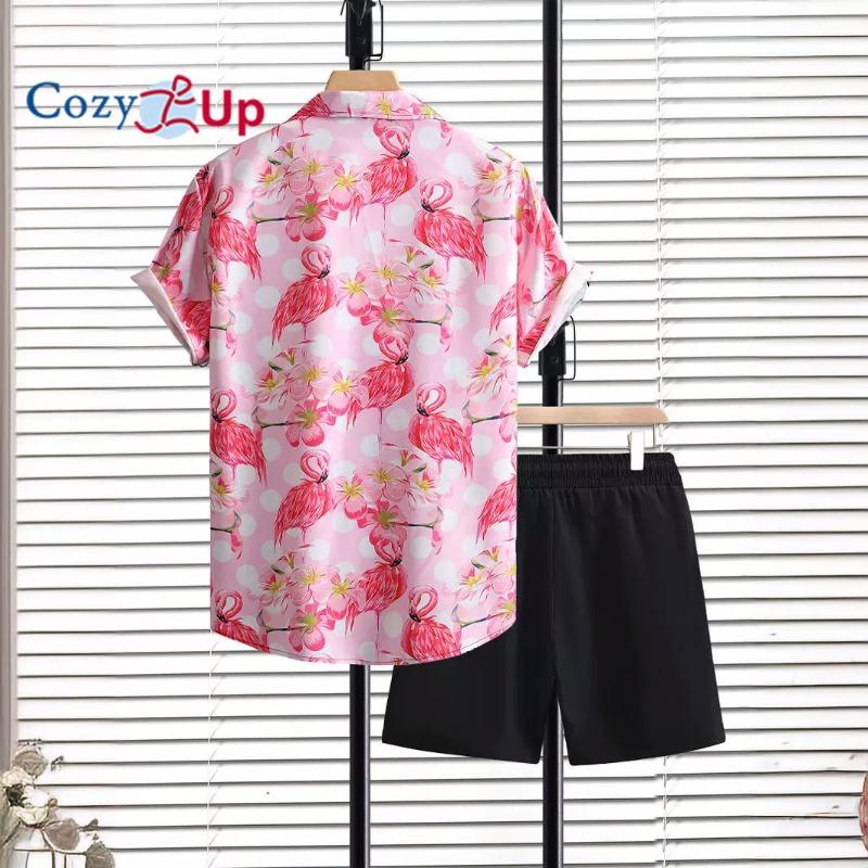 Cozy Up Men's Short-Sleeved Shirt Shorts Set Shirt Pants Summer Cross-Border Exclusive for Pink Fire Thunder Bird New