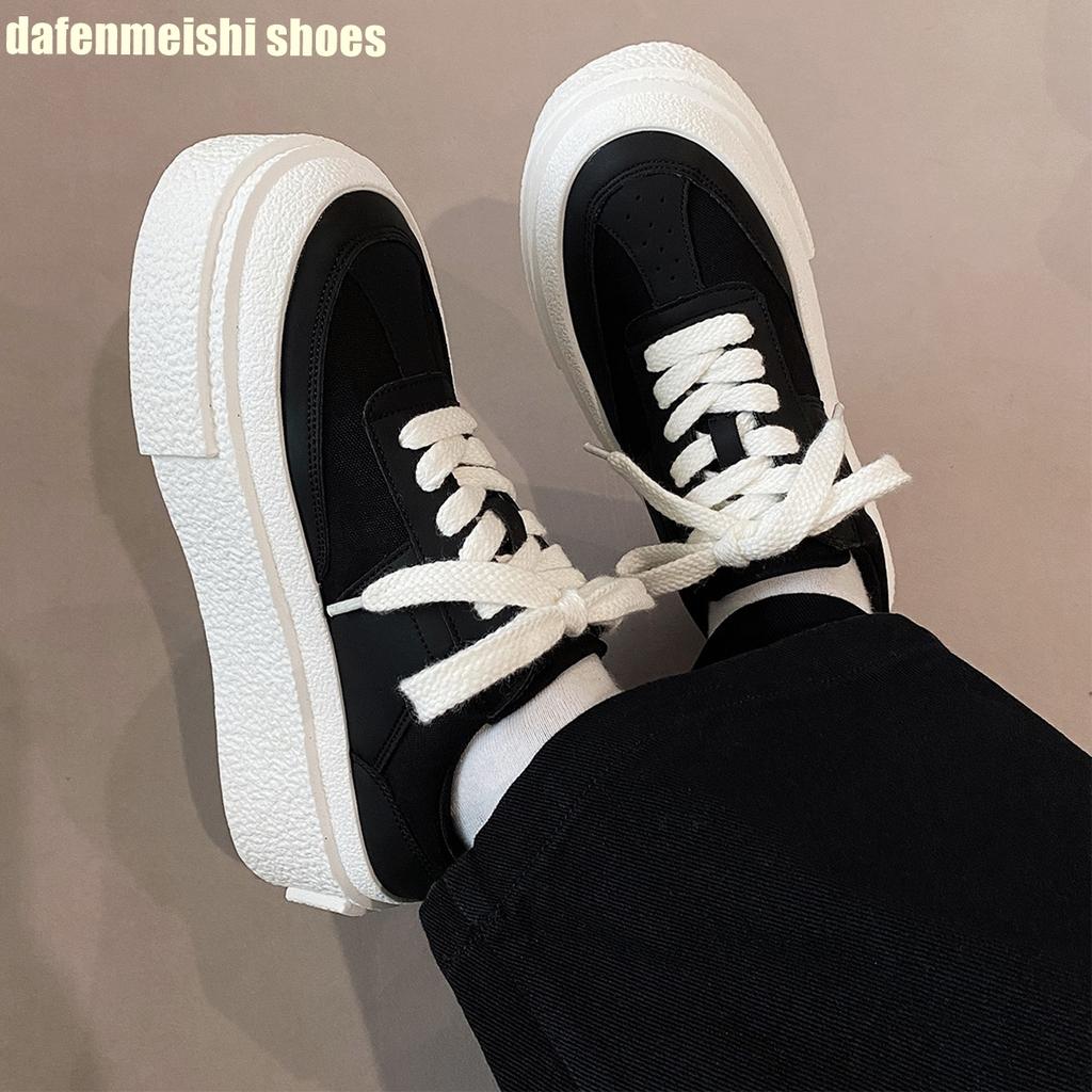 Fashion Women/men Black White Mixed Shoes Heightening 5Cm Platform Shoes New Couple Versatile Leather Sneakers Lace Up Skate Shoes