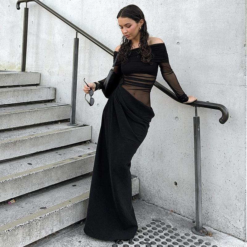Frühling Elegantes Mesh Patchwork Maxikleid Damen Sexy Sheer Off Shoulder Slim Partykleid Mode Langarm Urlaub Kleid