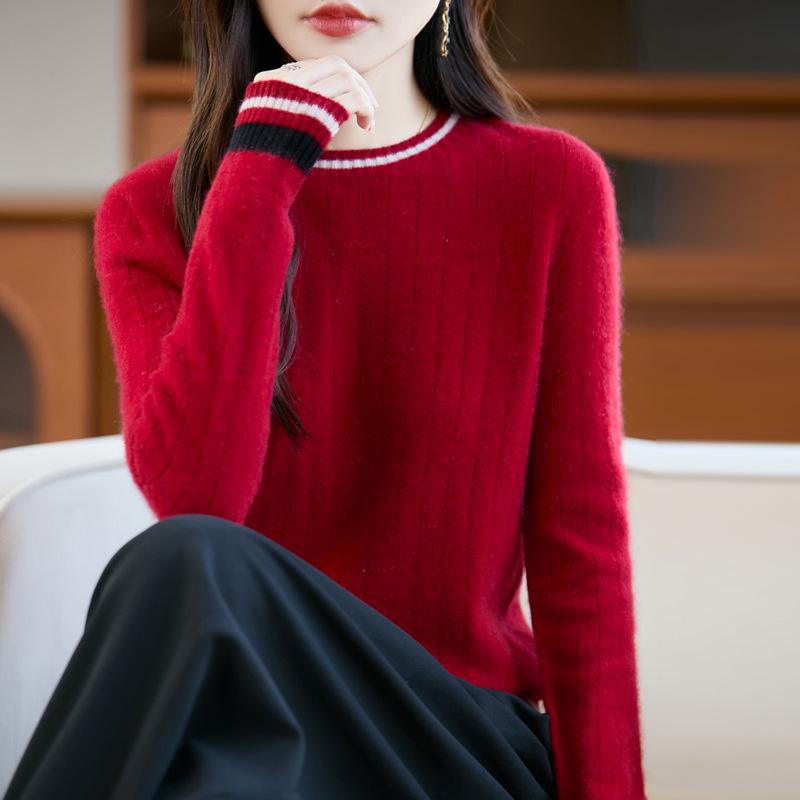Women's 100% Pure Wool Color Block Round Neck Long Sleeve Seamless Sweater - New Autumn/Winter Style