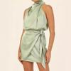 Spring Women's Short Formal Satin Dress Summer Sleeveless Stand-Up Neck Lace-Up Waist Cocktail Party
