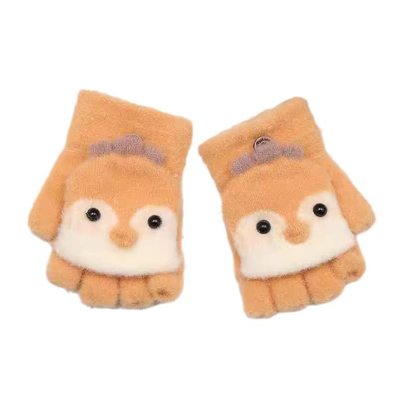 Children's Cute Cartoon Bird Half-Finger Flip-Top Winter Gloves for Boys and Girls.