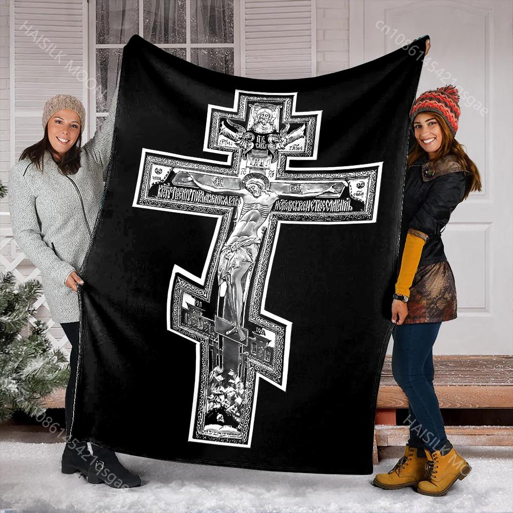1PC Three horizontal crosses Faith-printed Flannel Blanket Soft and Warm Suitable for Home Travel Picnics Camping and RV Use