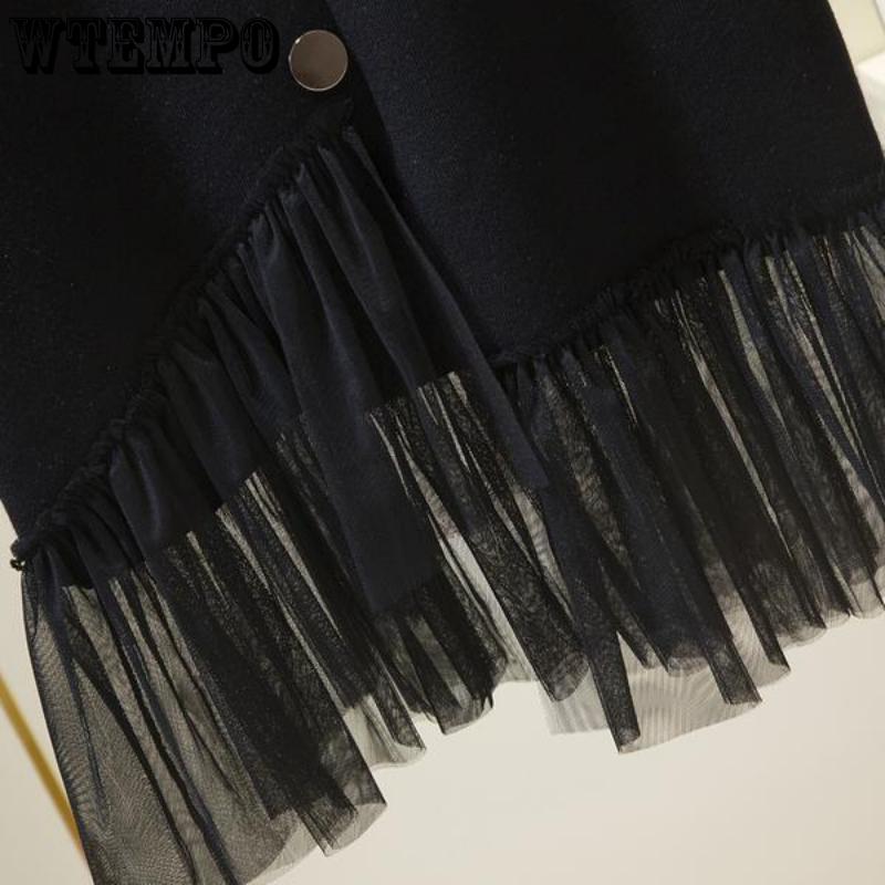 Elegant Black Single Row Button Elastic High Waist A Line Knitted Half-body Skirt Female Irregular Hem Mesh Splicing Package Hip Skirt