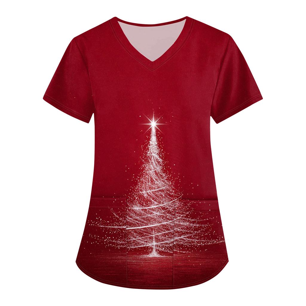 Women's Christmas Print Loose V-Neck Pocket Short-Sleeved Uniform