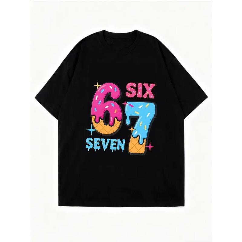 White Oversized T Shirt With Colorful Ice Cream Numbers Six Seven Print For Casual Wear And Street Style