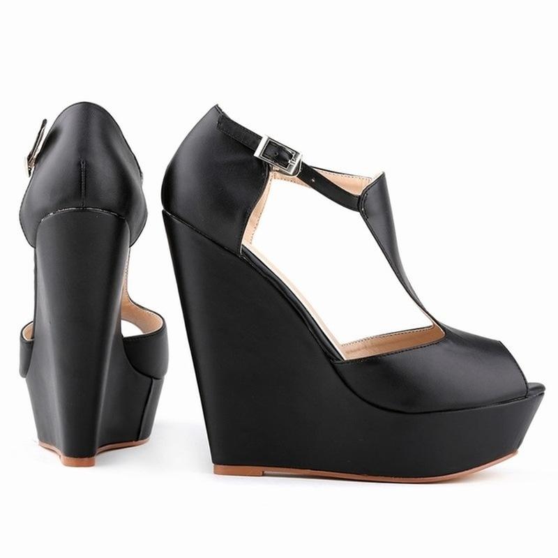

Women Sexy Sandals T-Strap Open Toe Shoes Matte Elegant Wedge Platform Pumps High Heels Shoe 35 чёрный