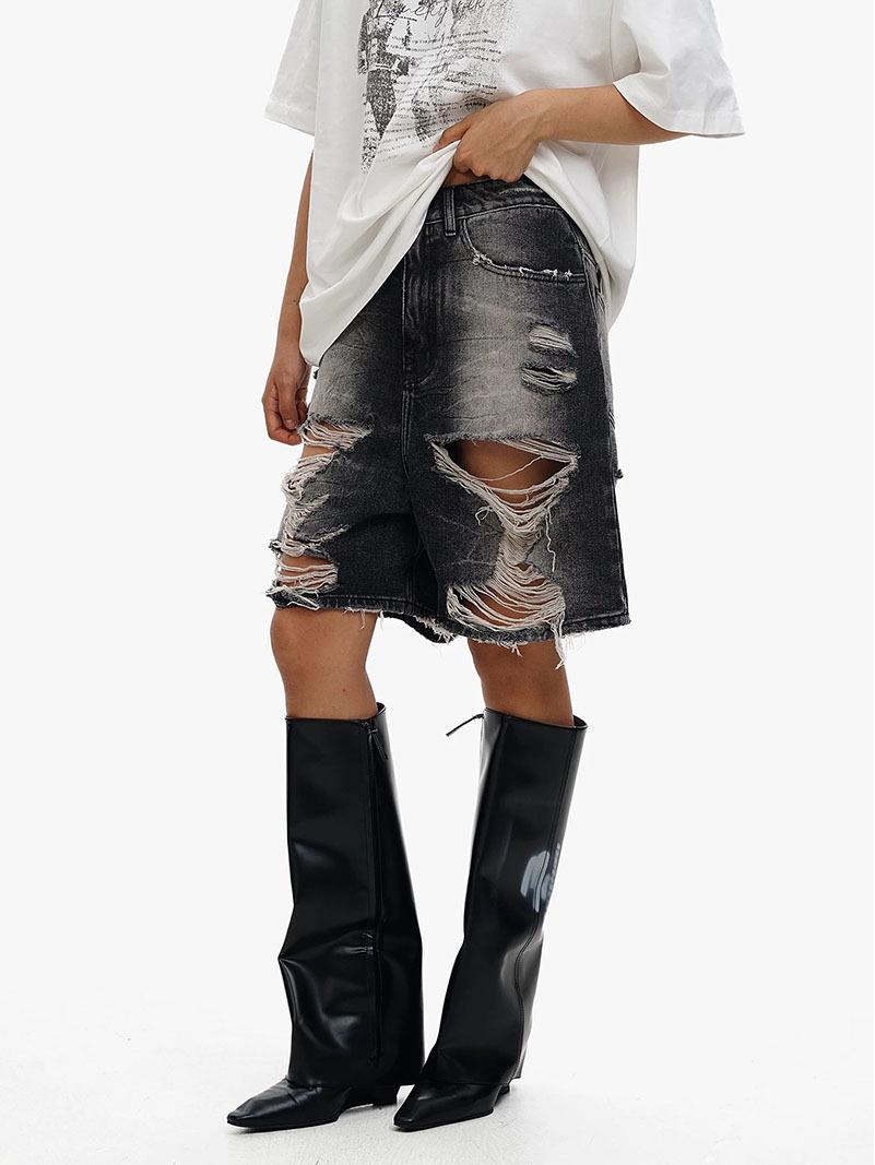 Damen High-Waist Retro zerrissene Jeansshorts - Locker, Weiter Beinschnitt, Schlankmachend, Mittellang L black