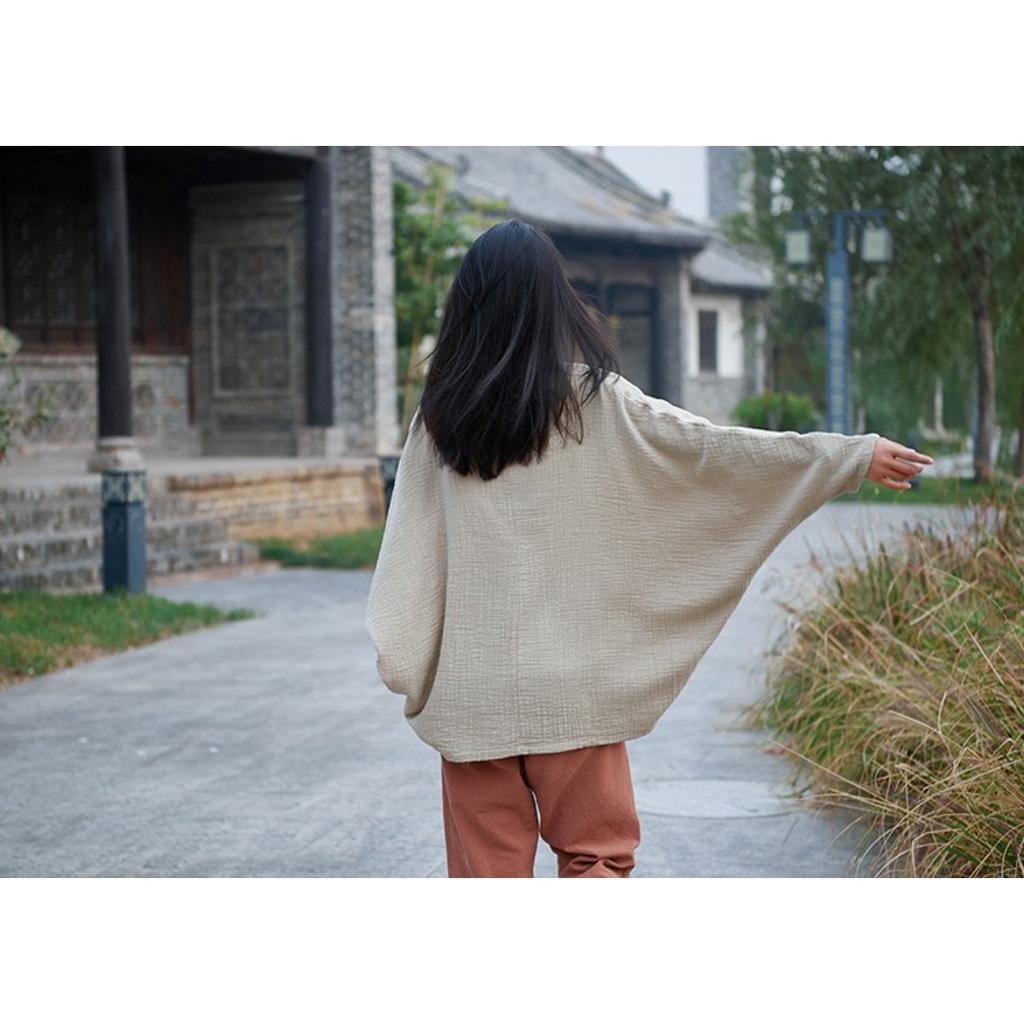 Bat Sleeve T-Shirts Vintage Women Cotton Linen V-Neck Solid Color Women Cloths Casual T-Shirts