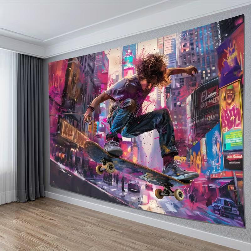 2D Street Skater Boy in Colorful City Wall Tapestry Graffiti Art Background Cloth for Living Room Home Decor