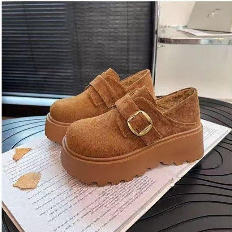 Muffin platform Birkenstocks autumn and winter new heightening shoes fleece warm small matte leather cotton shoes