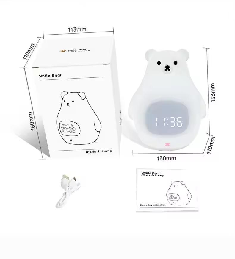 Cute Bear Alarm Clock Night Light for Kids Room Silicone Bedside Light Cartoon Animal Lamp Custom Night Light for Children