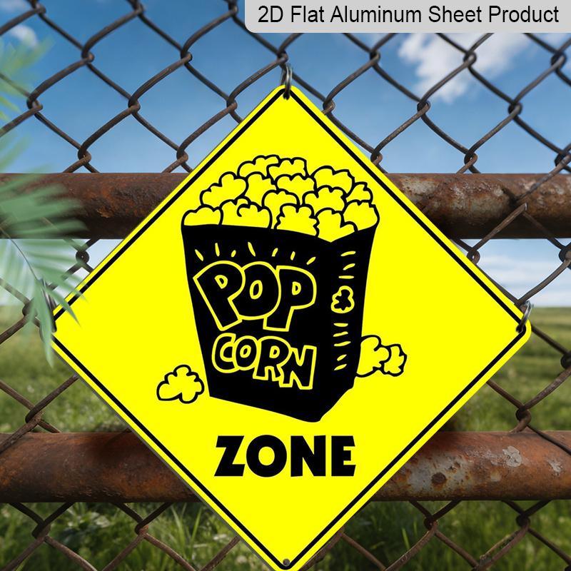 

2D Flat 1pc, Funny Popcorn Crossing Zone Xing Warning Sign - Metal Novelty Road-Style Plaque with Popcorn Cart & Movie Ticket Icons for Home Theater 20*20cm