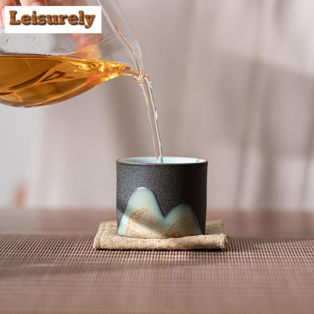 4pc/set Handdrawn Mountain Tea Cup Japanese Coarse Pottery Master Cup Meditation Cup Chazhan Set of Cups Water Jug Gift Box Set