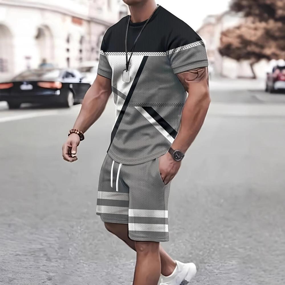 

Men s Summer Fashionable Creativity Stripe 3D Printed Vacation Leisure Sports Style Short Sleeved Set Loose Oversized Breathable Sports Wear S