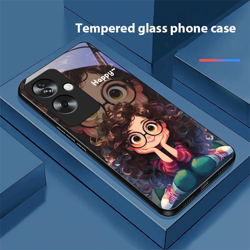 

Дівчина з кучерявим волоссям Для Oppo A79 5G 58 78 74 60 4G Reno 11F Realme GT 6 11 Note 50 10 C55 X2 Загартоване Скло Чорний Чохол для Телефона For Reno 11 Pro 5G