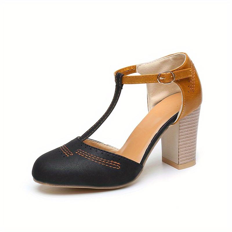 

Women s Retro High Heels, Color Block T-strap Round Toe Block Heels, Casual & Versatile Oktoberfest Dress Shoes 43 чорний