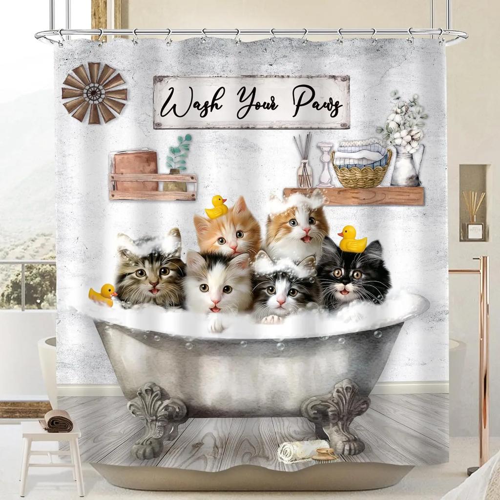GAEFunny Dogs Shower Curtain Wash Your Paws Doggy Cute Lovely Rustic Animals for Kids Boys Girls Cartoon Rustic Farm Country F
