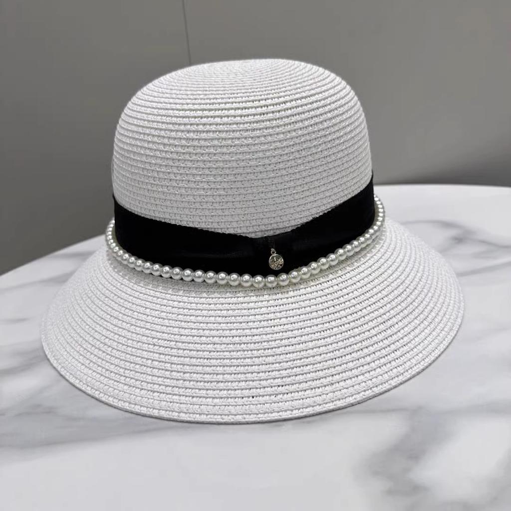 Straw Hat Ins Pearl M Letter Bucket Fisherman Hat Children Spring and Summer Fashion Versatile Basin Hat